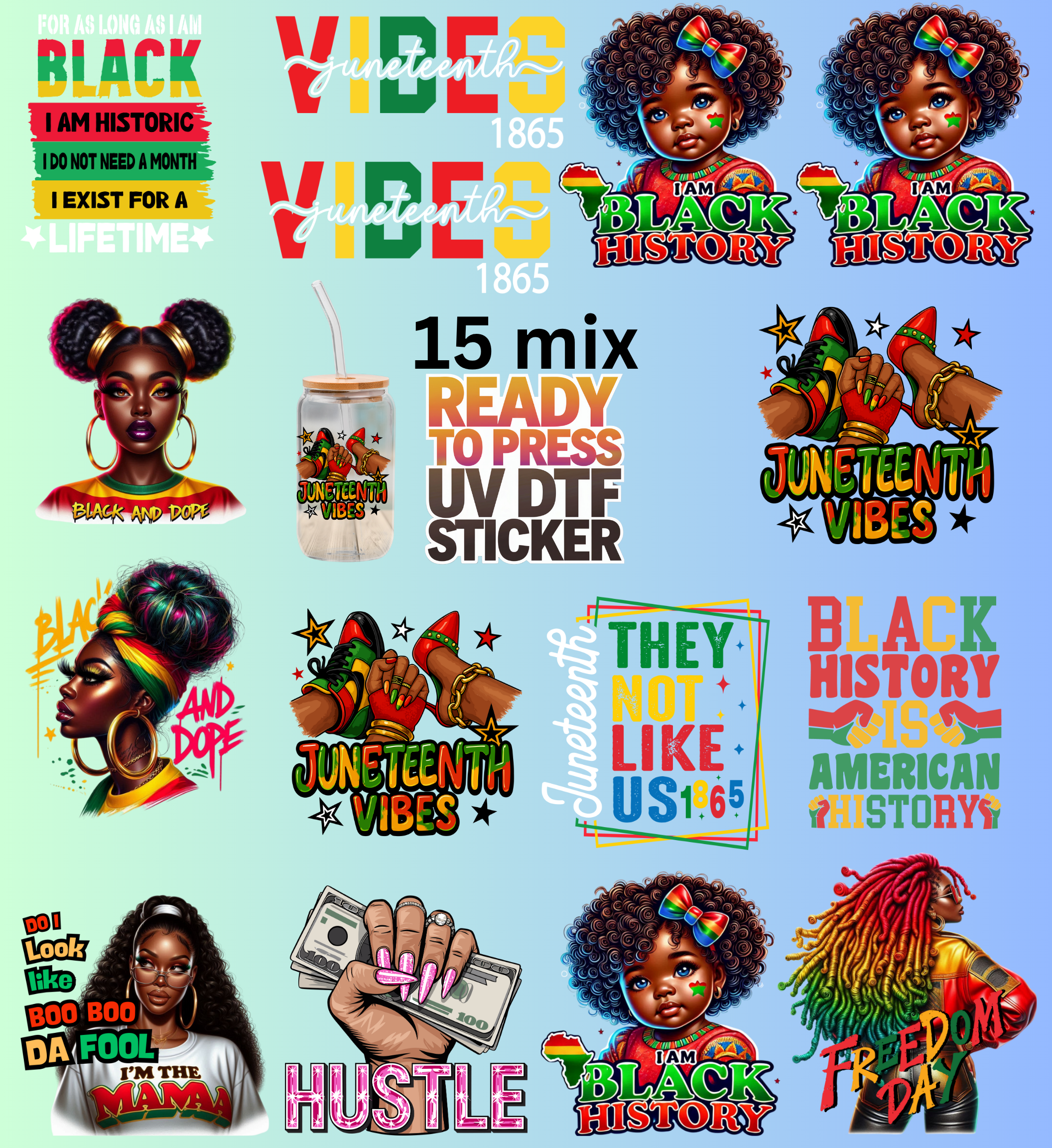 Juneteenth UV DTF Bundle - 15 Mix Ready to use Sticker Decals for DIY Projects & Gifting