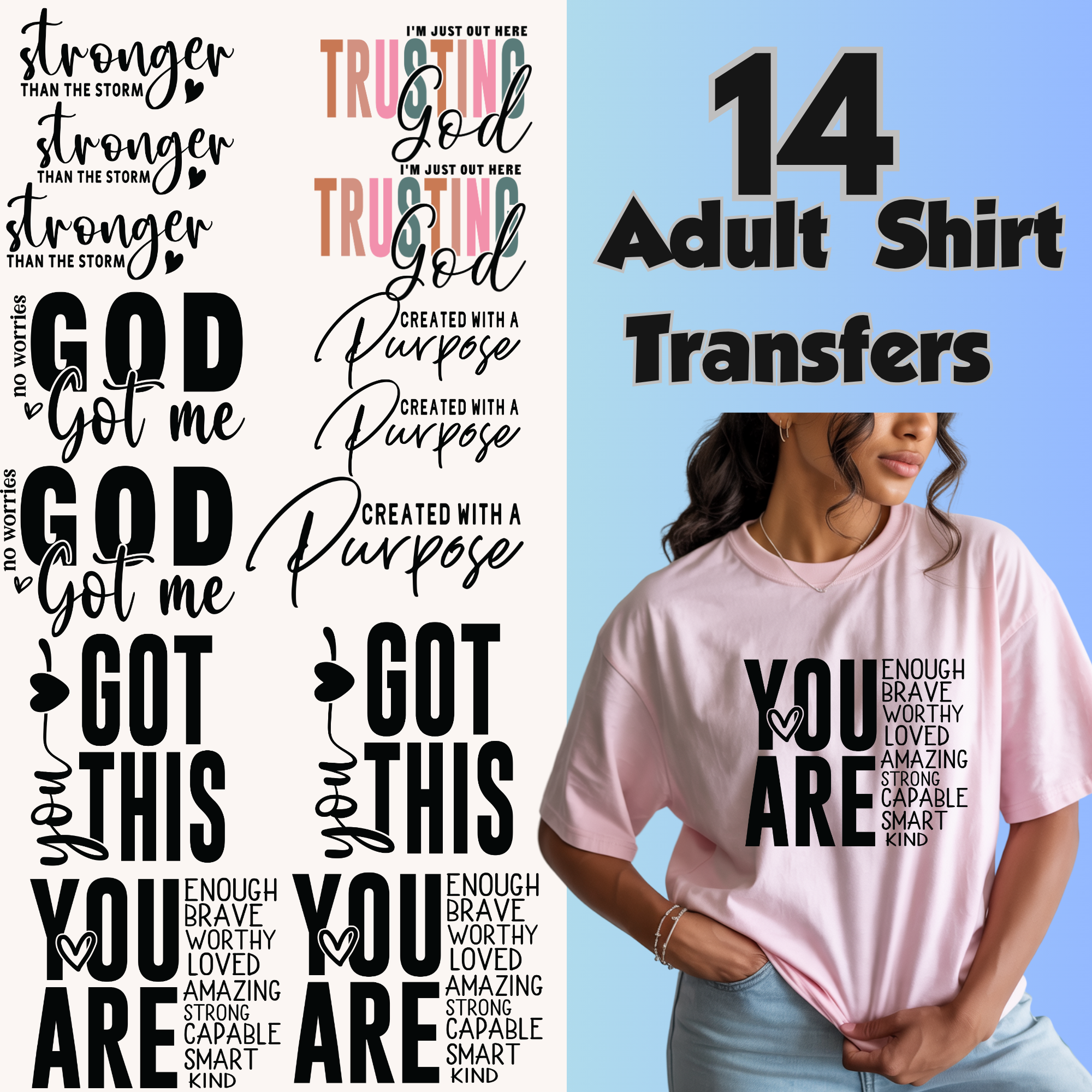 14 Inspirational Adult Shirt Transfers Modern Faith-Based Affirmations & Motivational Quotes DIY Heat Press Designs for Empowerment Apparel 11 x 11 Inches