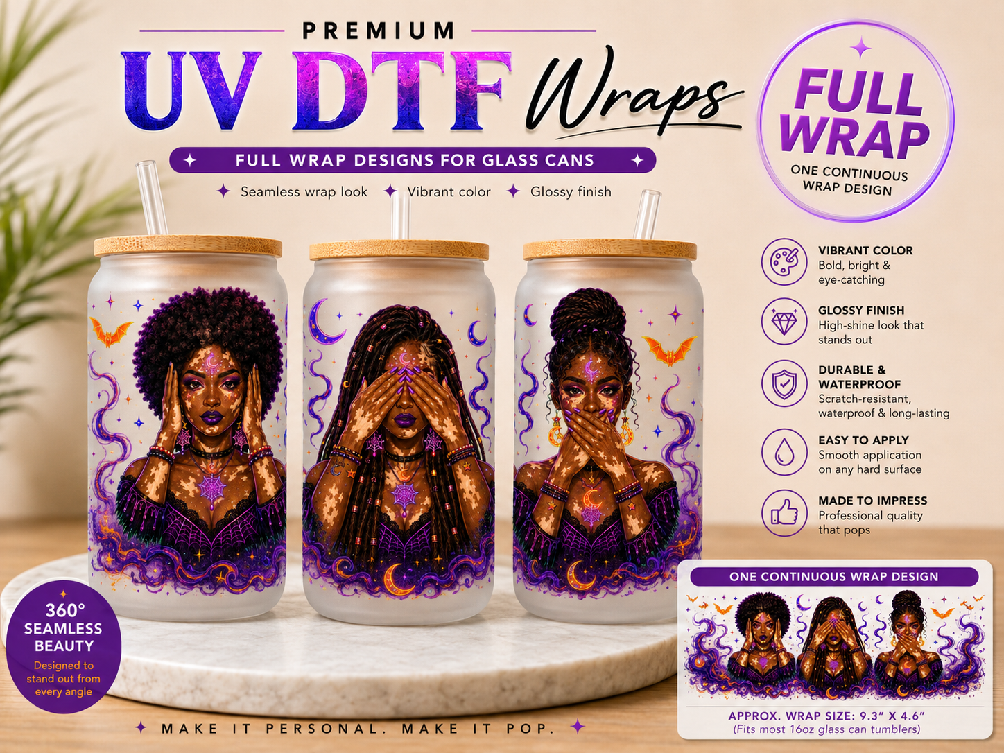 Hear No Evil, See No Evil, Speak No Evil UV DTF Cup Wrap | Mystical Black Women 16 oz Glass Can Wrap | Ready-to-Apply Tumbler Decal