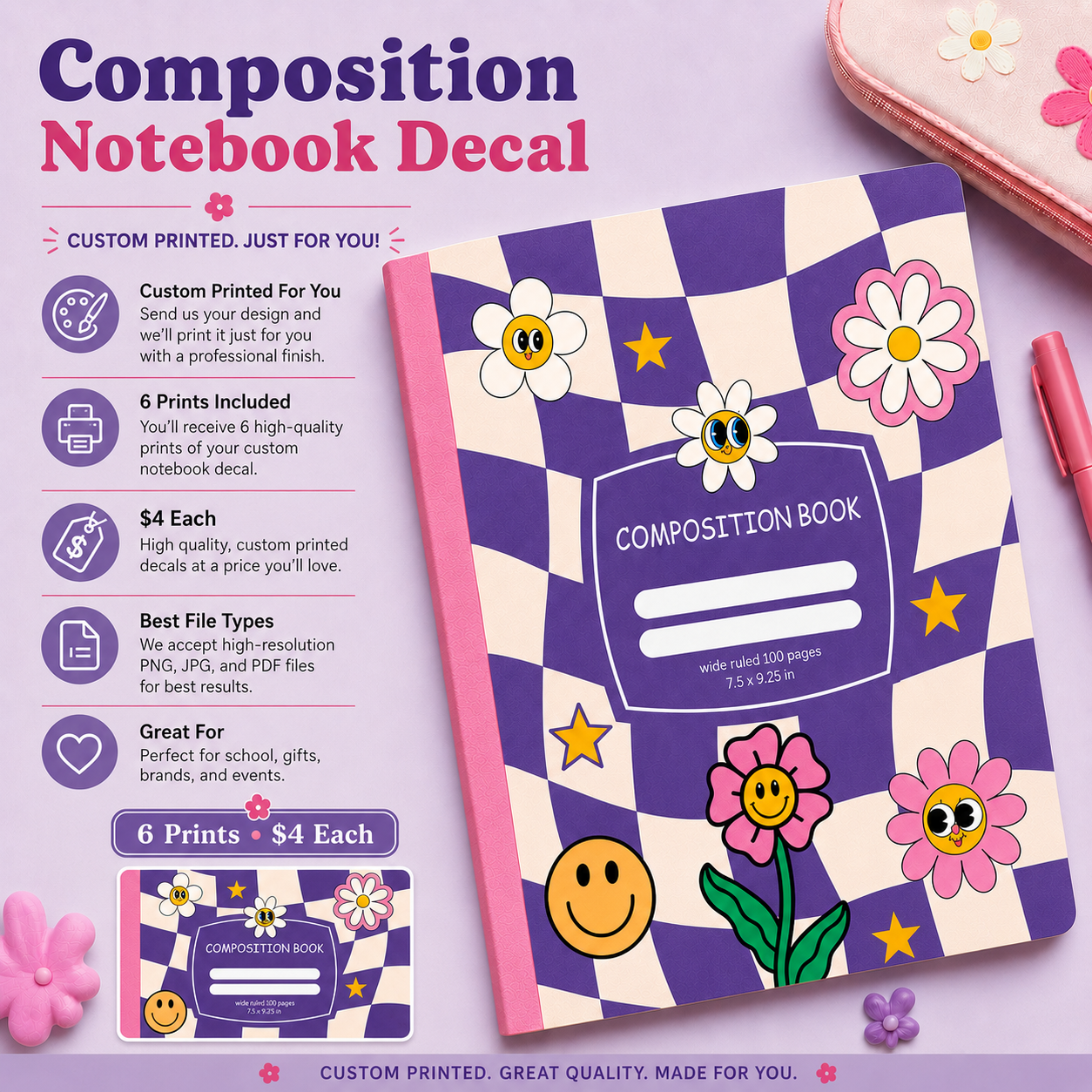 Custom Composition Notebook Decals – Set of 6